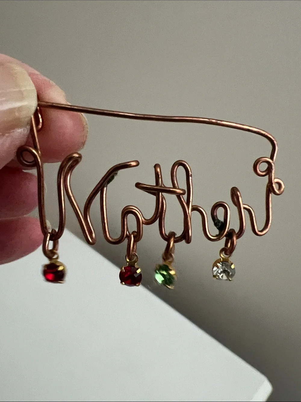 Vintage Copper 'Mother' Wire Brooch Pin with Colored Crystal Drops